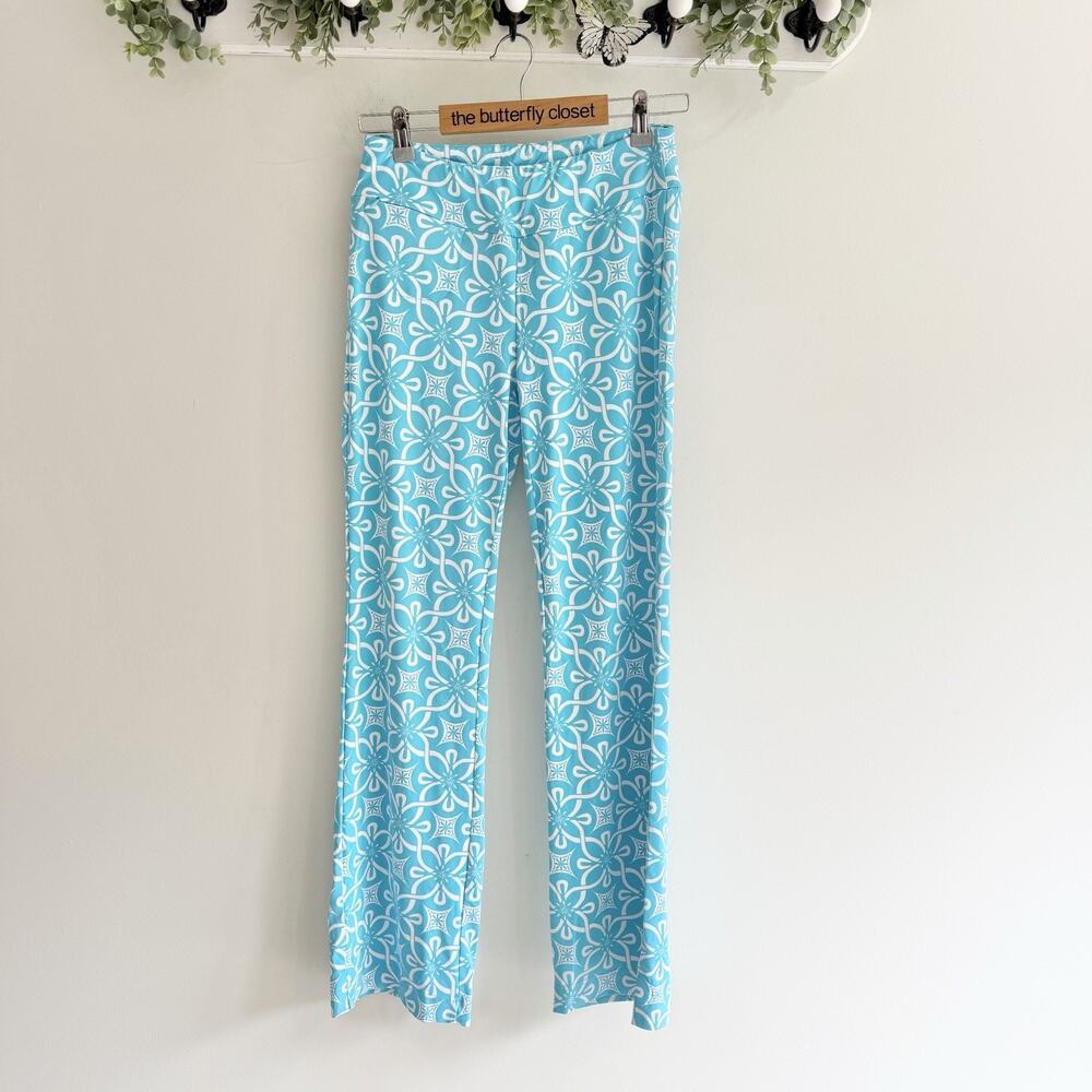 Lulu-B Blue And White Elastic Floral Flared Pants Xs 15 5696
